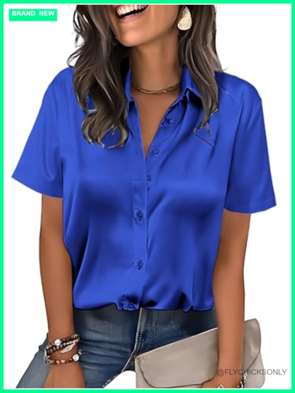 Satin Short Sleeve Button Down Blouse for Women Business Casual Top
